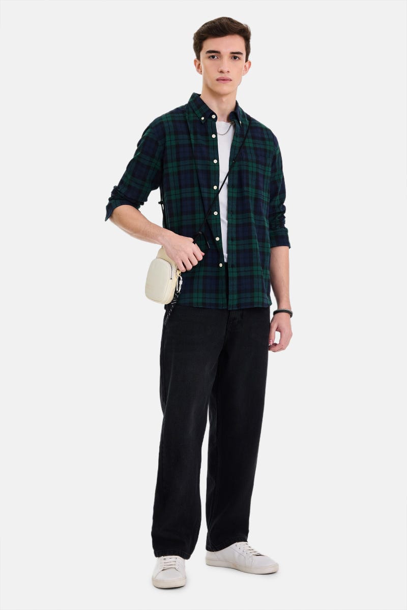 Men's Green & Navy Checked Casual Shirt